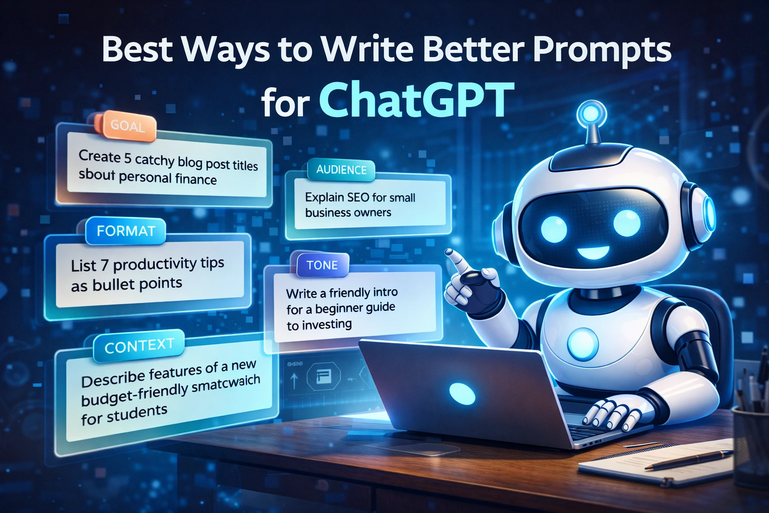“Illustration of AI chatbot showing best ways to write better prompts for ChatGPT with examples of goal, audience, format, tone, and context prompts.”
