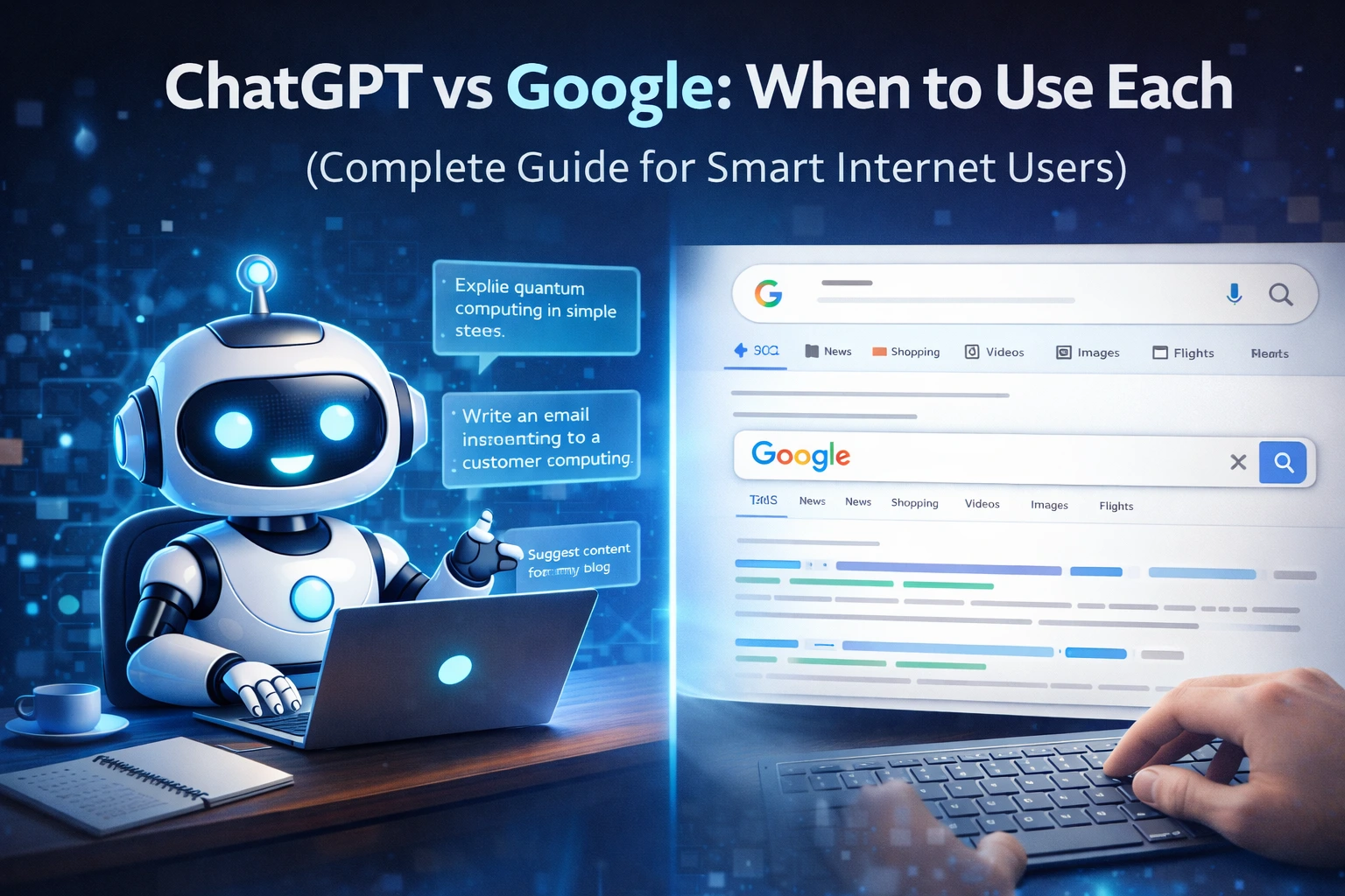 Illustration comparing ChatGPT and Google showing AI chatbot and search engine results to explain when to use each tool.