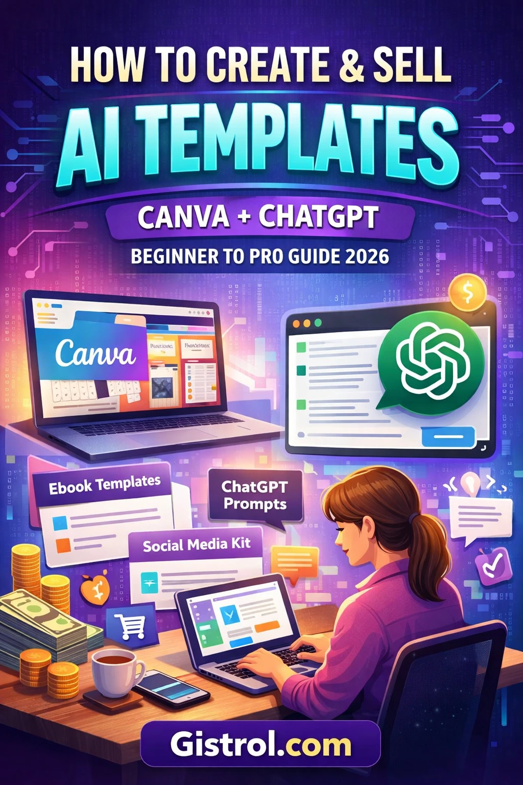 A modern workspace showing Canva design interface and ChatGPT generating content for creating and selling AI templates online