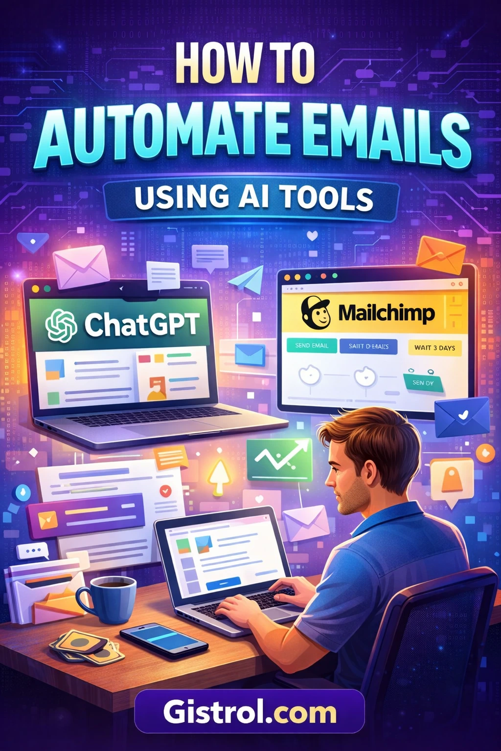 A digital marketer using AI tools like ChatGPT and email automation software to create and schedule automated email campaigns on a laptop