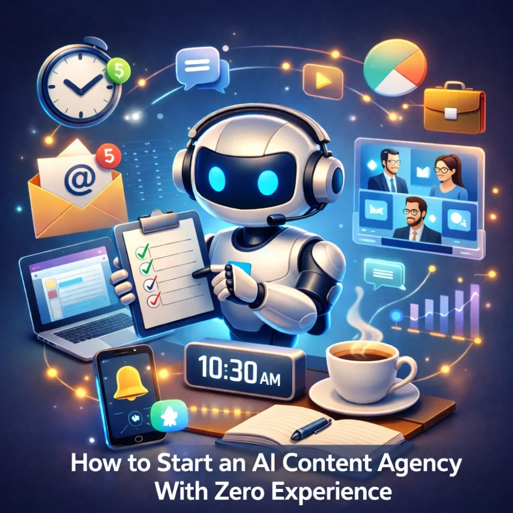 3D illustration of a beginner launching an AI content agency using laptop, automation tools, and digital workflow