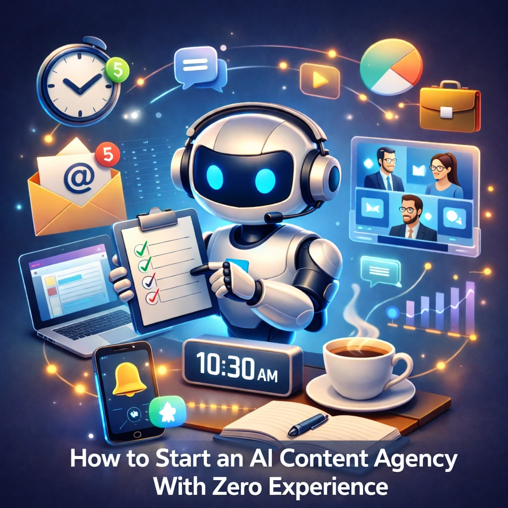 3D illustration of a beginner launching an AI content agency using laptop, automation tools, and digital workflow