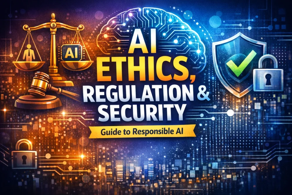 Illustration showing AI ethics, data security, and regulation concepts with shield, balance scale, and digital brain