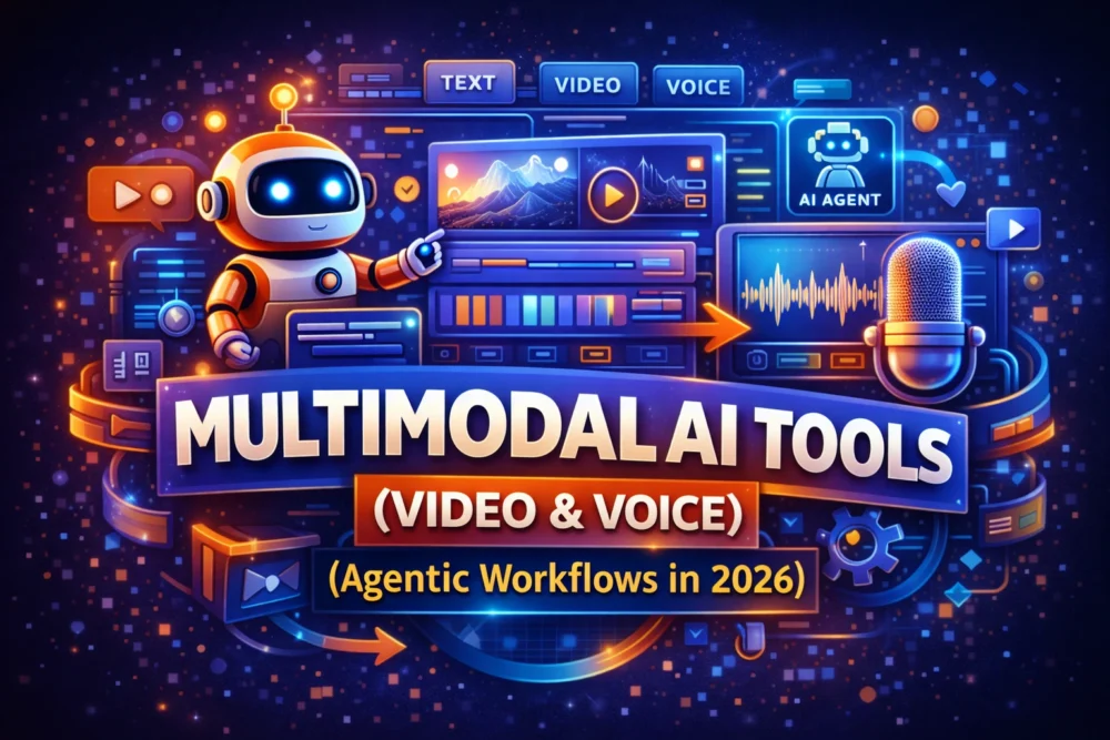 Multimodal AI dashboard showing video creation, voice synthesis, and agentic workflow automation