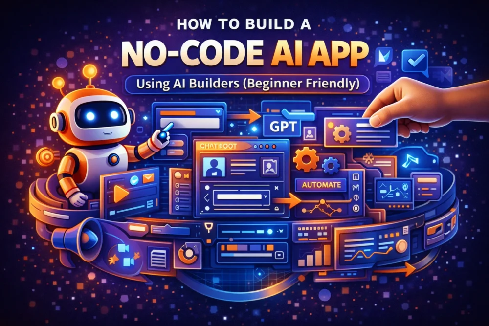 No code AI app builder interface showing drag and drop workflow and AI automation tools
