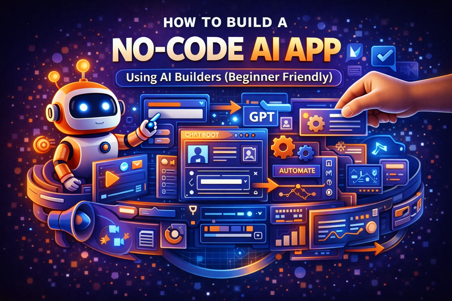 No code AI app builder interface showing drag and drop workflow and AI automation tools