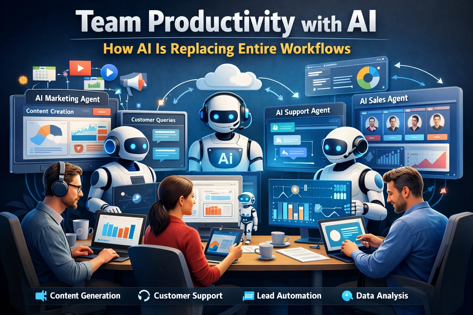 Team collaborating with AI agents managing digital workflows on multiple screens