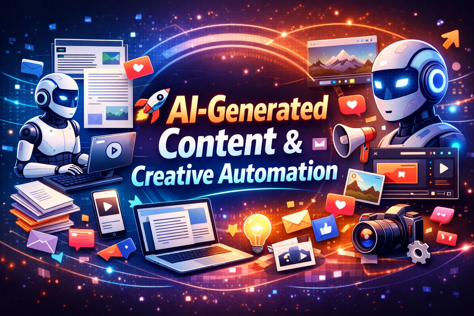 AI tools generating blog content and automating creative workflows on a digital interface