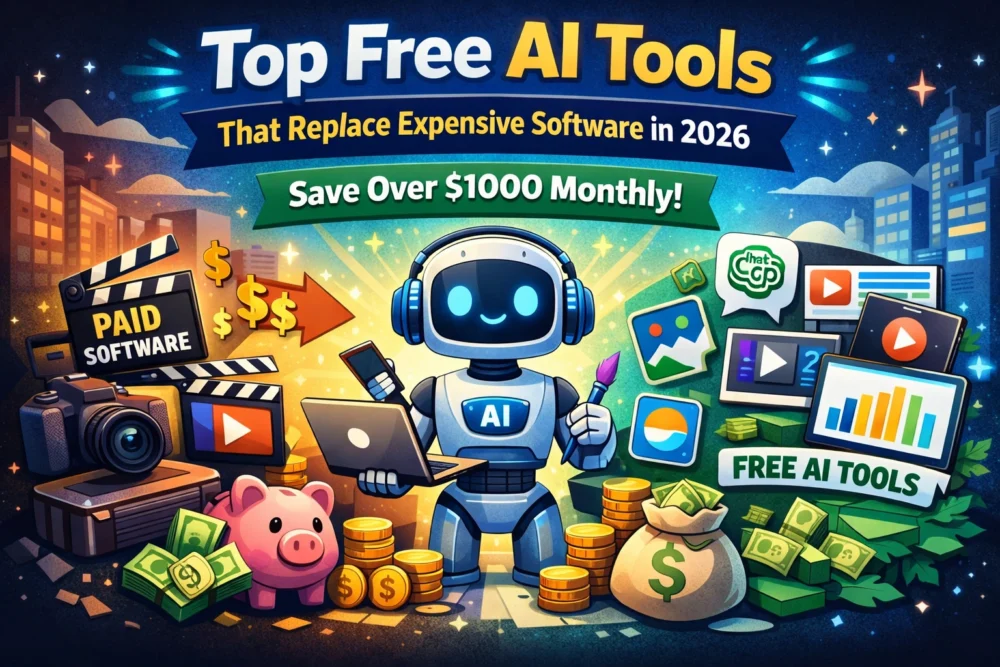 Free AI tools replacing expensive software illustration