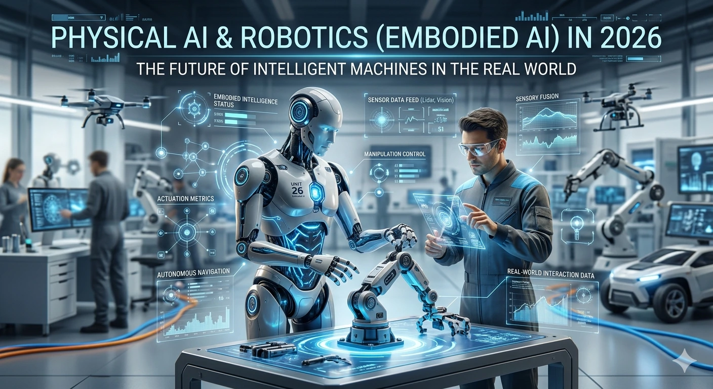 Physical AI Robotic showing A futuristic laboratory setting where a human engineer and a sleek humanoid robot collaborate on a mechanical task, surrounded by holographic data interfaces and robotic prototypes.