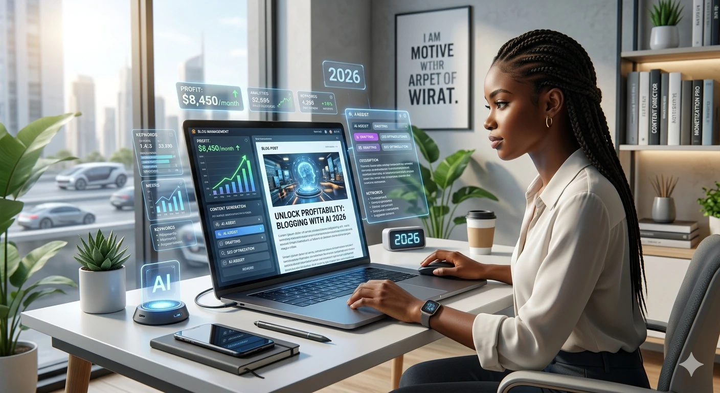 A young woman of African descent with braided hair sits at a modern, minimalist desk in a bright 2026 home office, showing start a blog step-by-step working on a laptop. Holographic data interfaces float around her, displaying growth metrics ("PROFIT: $8,450/month"), AI content generation tools, and analytics. She is actively editing. Her screen shows a blog post titled "UNLOCK PROFITABILITY: BLOGGING WITH AI 2026." A small glowing AI hub, a smartphone, and a smartwatch are also on the desk. The background is a soft blur of a city skyline.