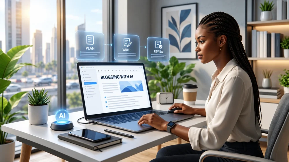 Illustration of a woman editing a blog on a laptop, with AI-assisted planning, writing and review steps.”