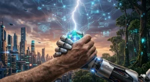MetadataAlt Text: A cinematic close-up of a human hand and a robotic hand joined in a powerful "warrior's grip" handshake, symbolizing partnership, with a futuristic city and nature in the background.