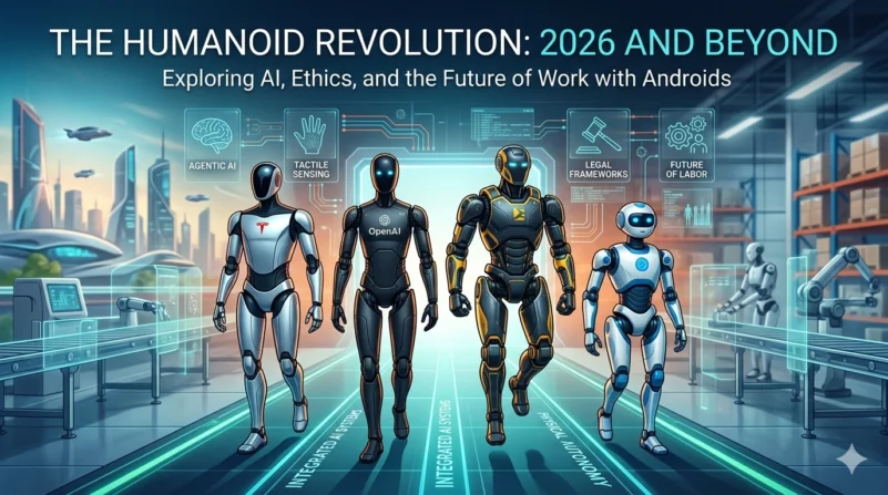 A group of diverse humanoid robots, including models resembling Tesla Optimus and Figure 02, walking through a futuristic high-tech warehouse with digital HUD overlays.