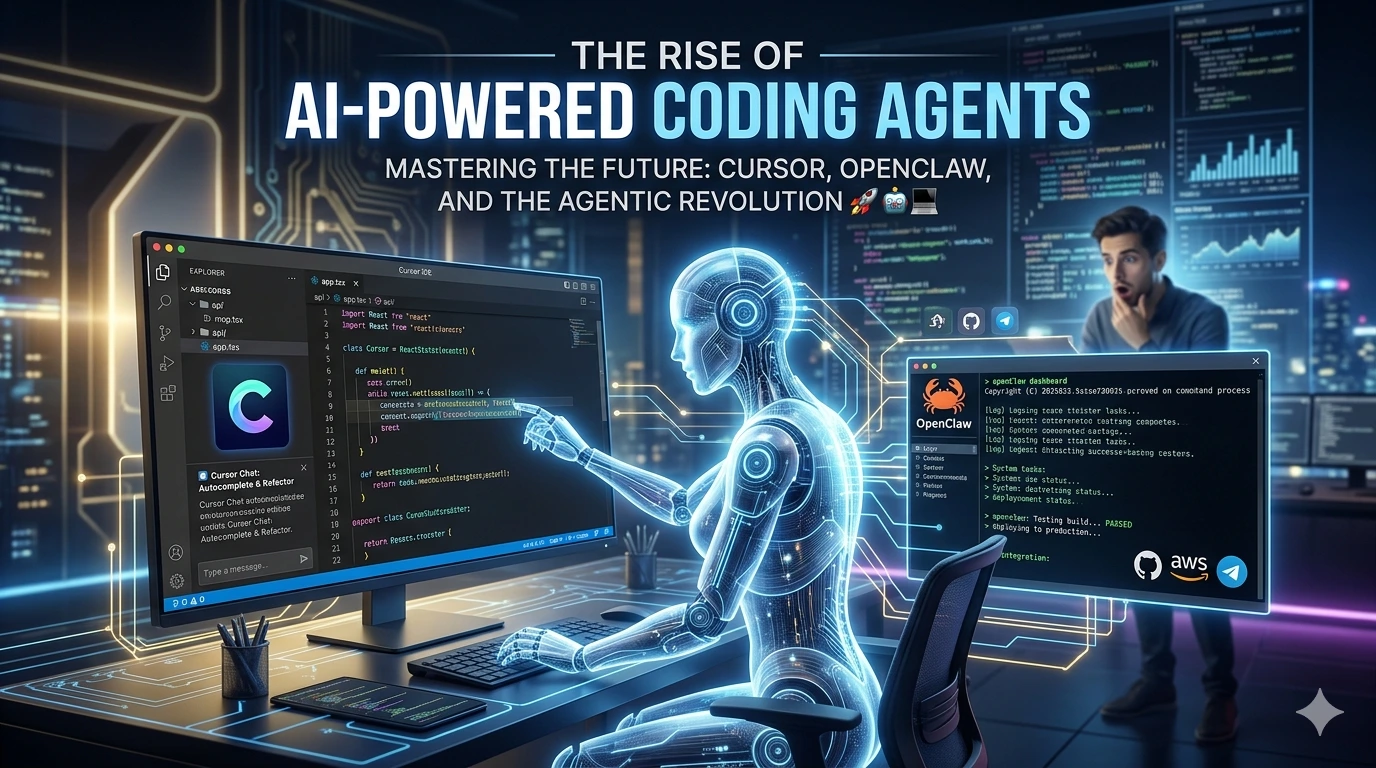 A futuristic digital illustration showing a translucent, glowing blue AI robot figure sitting at a desk, actively coding on a large curved monitor. The screen displays a detailed code editor with a prominent "Cursor Chat: Autocomplete & Refactor" widget. A secondary floating window shows the "OpenClaw Dashboard" managing logs. A human developer in the background watches with amazement. Glowing data streams and futuristic city elements surround them. Text titles at the top: "THE RISE OF AI-POWERED CODING AGENTS" and "MASTERING THE FUTURE: CURSOR, OPENCLAW, AND THE AGENTIC REVOLUTION".