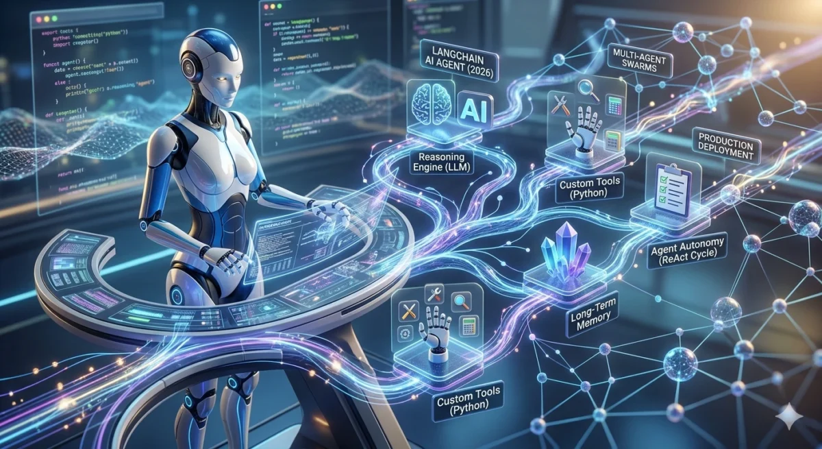 A futuristic 3D visualization of a female humanoid robot interacting with a glowing LangChain AI agent architecture interface, featuring nodes for Reasoning, Custom Tools, Memory, and Multi-Agent Swarms.