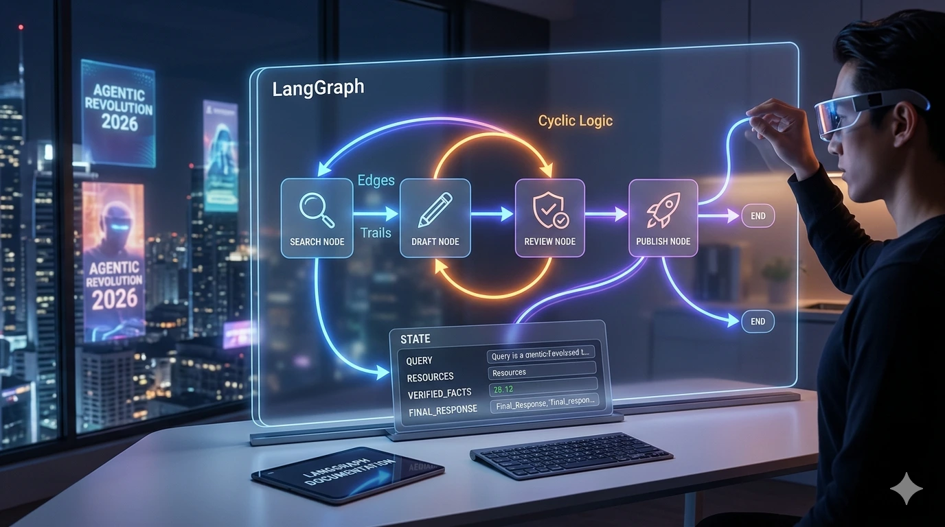 A futuristic digital display showing a LangGraph agent workflow with search, draft, and review nodes in a cyclic logic loop.