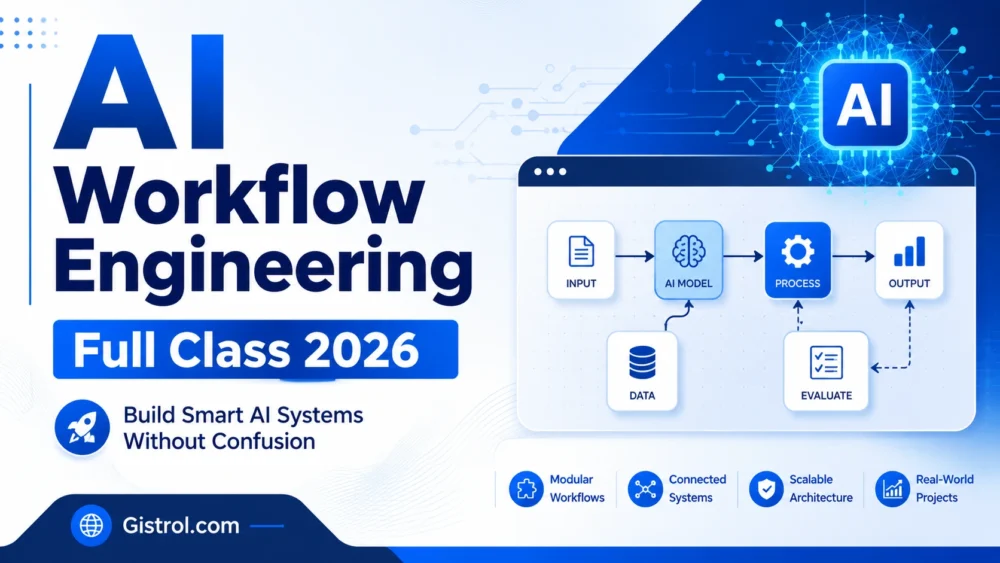 AI workflow engineering full class 2026 showing smart AI systems, connected workflows, data, process, and output diagram