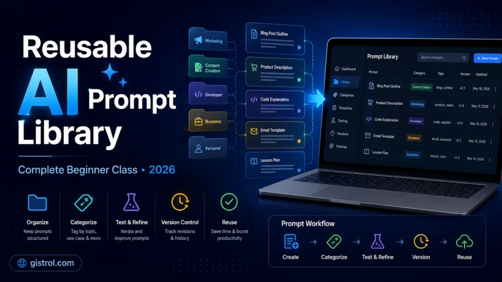 Featured image showing a reusable AI prompt library, prompt categories, testing, version control and workflow management.
